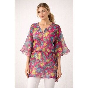 Boho Sheer Floral Tunic Top Women L Pink Paisley Sequins Flowy Lightweight